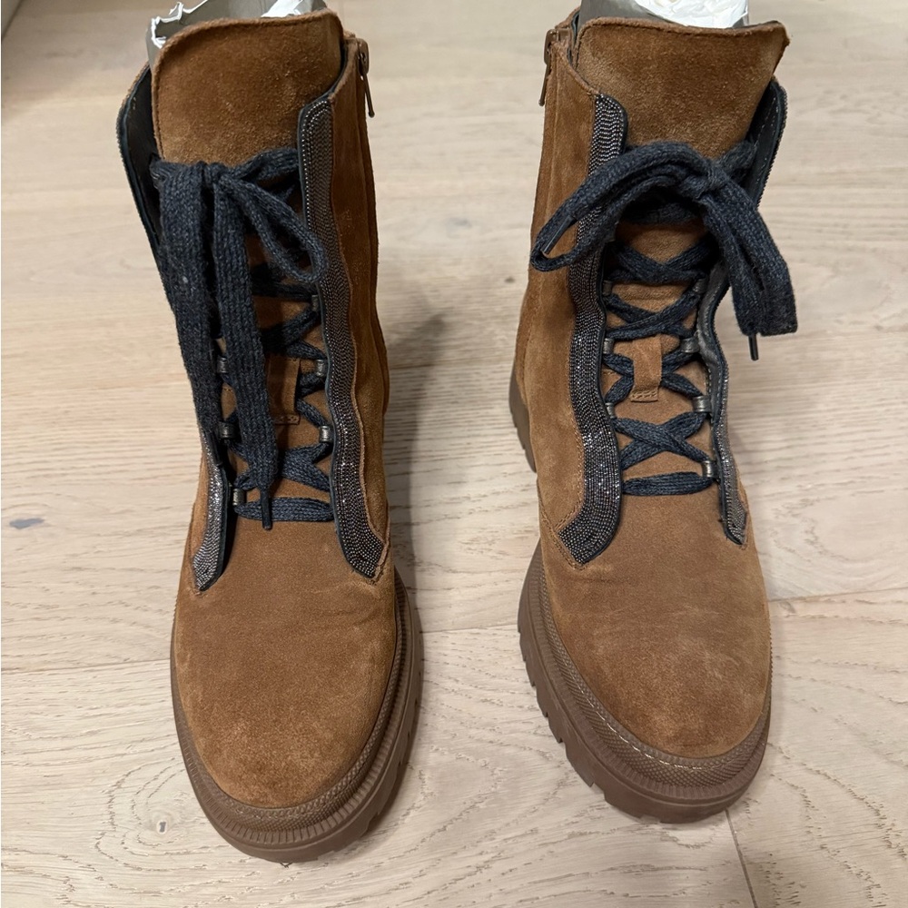 Brunello Cucinelli Tan Suede Lace-Up Boots